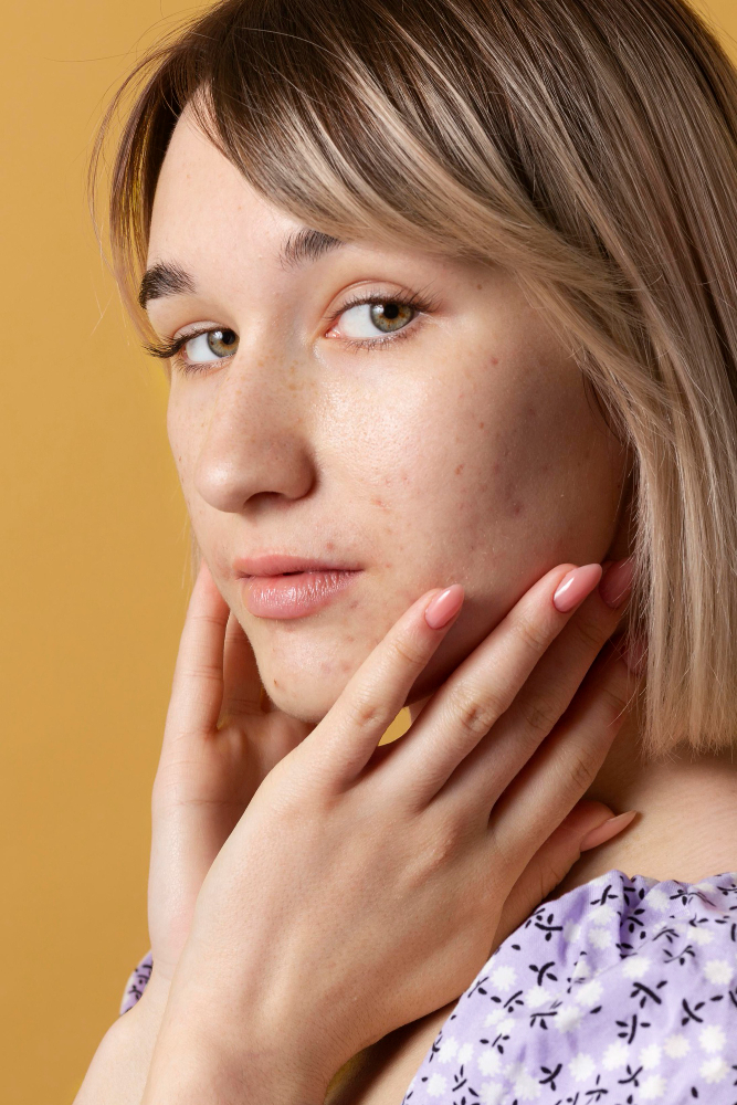 A woman with freckles on her face, showcasing pigmentation changes after waxing at Daydreams Med Spa in Omaha.