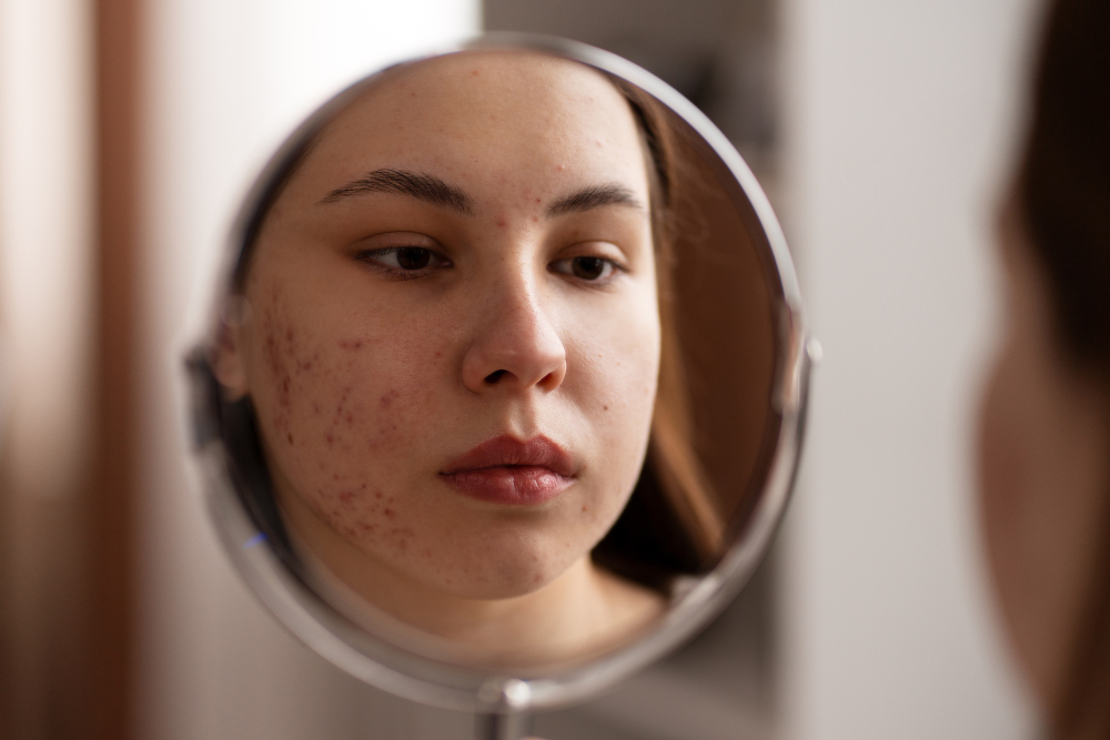 A woman looks at her acne in the mirror, motivated by a 30-day diet plan aimed at achieving clearer skin in Omaha and La Vista.