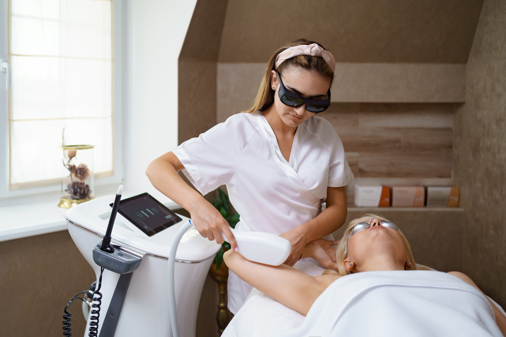 A woman receiving a laser treatment on her face at Daydreams Med Spa in Omaha.