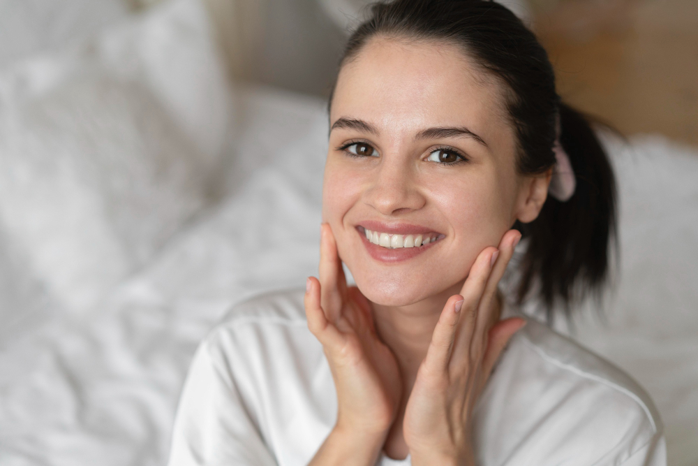 A smiling woman sits on a bed, showcasing the results of ADVATx laser skin whitening at Day Dreams Med Spa, La Vista, Omaha.