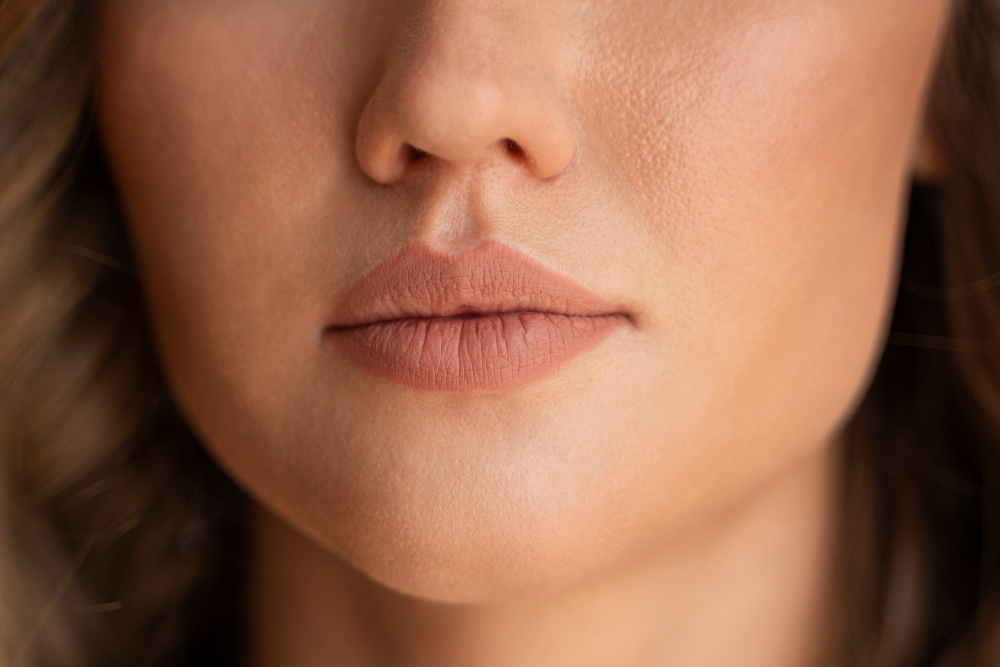 Close-up of a woman's face showcasing a brown lip, highlighting the difference between lip flip vs filler techniques.